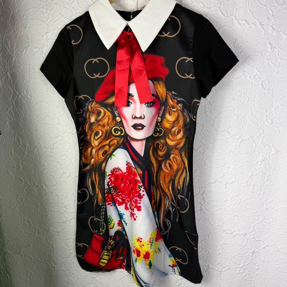 YATIVI Dress Black Graphic Print White Collar Red Bow Women's‎ Size S
